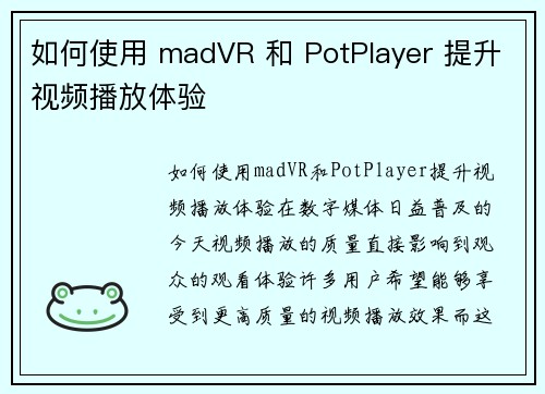 如何使用 madVR 和 PotPlayer 提升视频播放体验